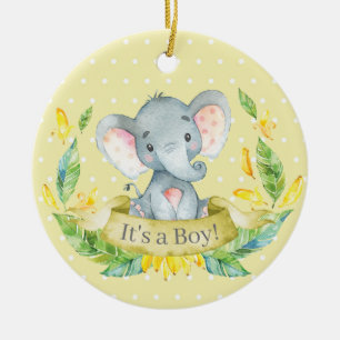 Boy Elephant Baby Shower Yellow Ceramic Ornament