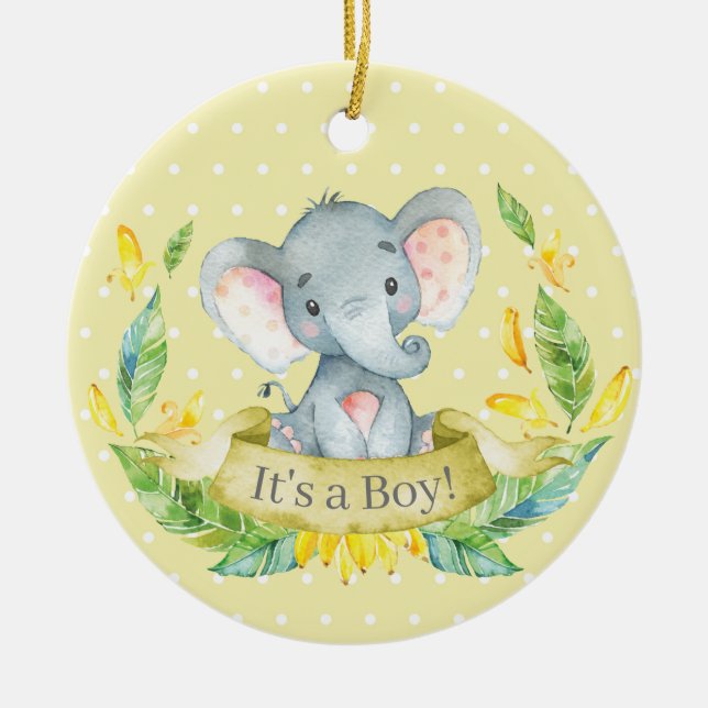 Boy Elephant Baby Shower Yellow Ceramic Ornament (Front)