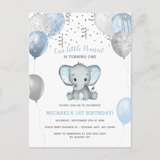 Boy Elephant  Balloons 1st Birthday Postcard (Front)
