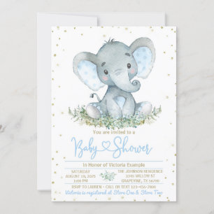 Boy Elephant Blue Gold Baby Shower Invitation