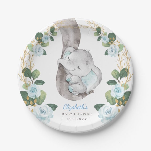 Boy Elephant Blue Gold Floral Greenery Baby Shower Paper Plate (Front)