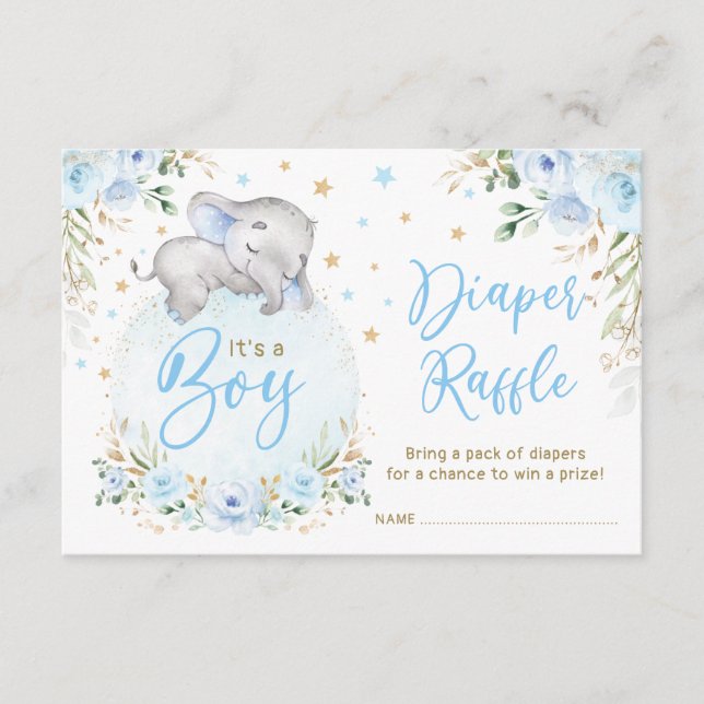Boy Elephant Blue Gold Moon Stars Diaper Raffle Enclosure Card (Front)