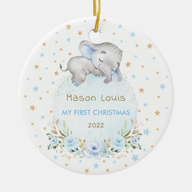Boy Elephant Blue Gold Stars Baby 1st Christmas Ceramic Ornament (Front)