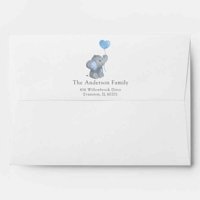 Boy Elephant Blue Watercolor Baby Shower Envelope (Back (Top Flap))