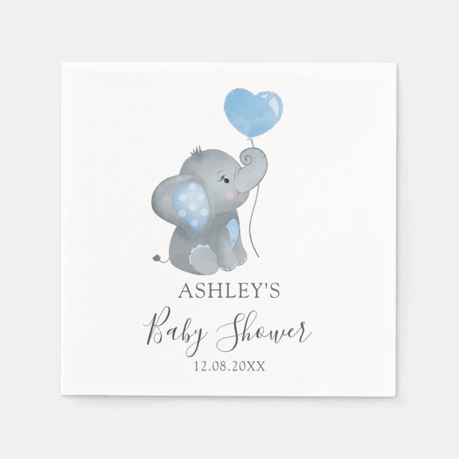 Boy Elephant Blue Watercolor Baby Shower Napkin (Front)