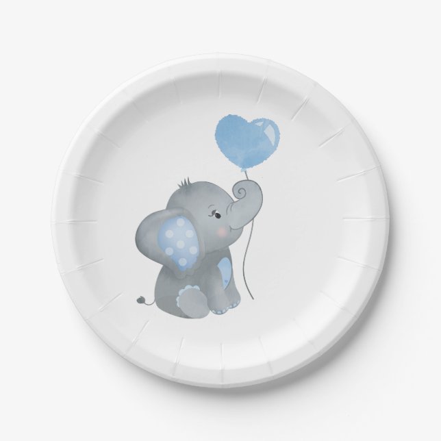 Boy Elephant Blue Watercolor Baby Shower Paper Plate (Front)