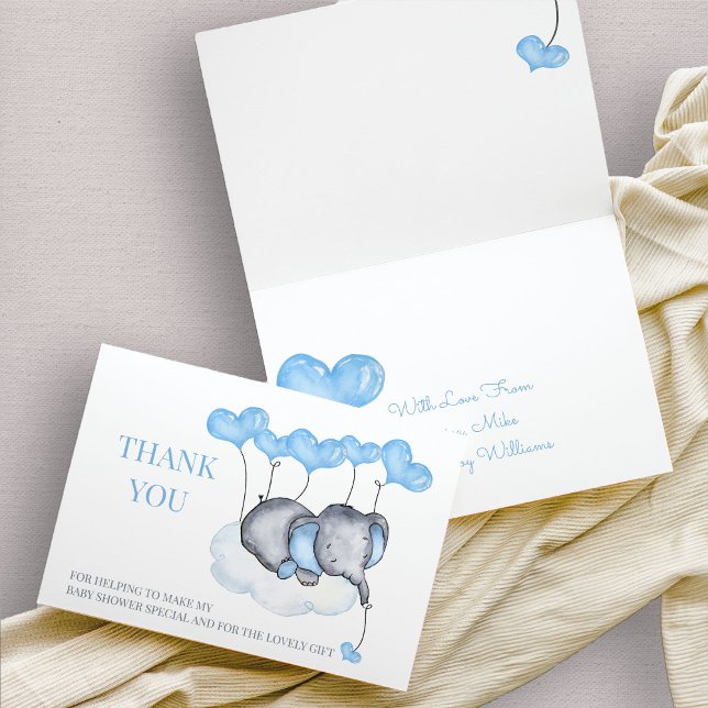 Boy Elephant on Cloud Blue Balloon Baby Shower Thank You Card (thank you card with cute baby elephant and blue balloons)