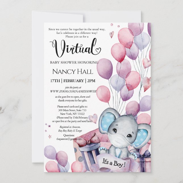 Boy Elephant Pink Balloons Virtual Baby Shower Invitation (Front)