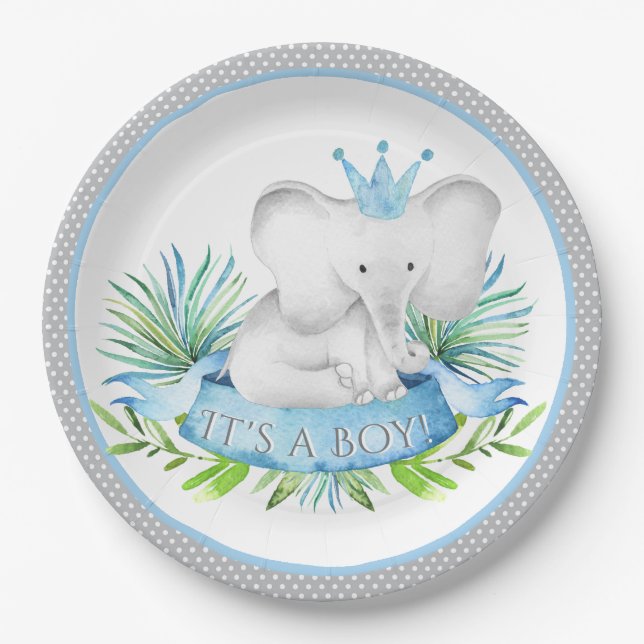 Boy Elephant Prince Baby Shower Paper Plates (Front)