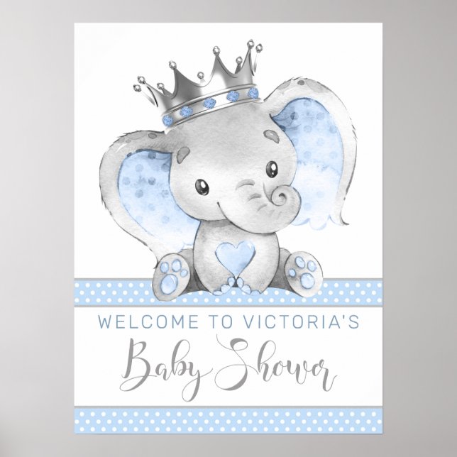 Boy Elephant Prince Baby Shower Welcome Sign (Front)