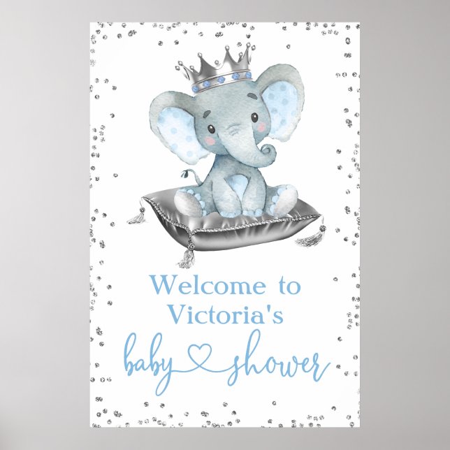 Boy Elephant Prince Baby Shower Welcome Sign (Front)
