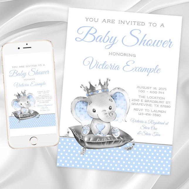 Boy Elephant Prince Elephant Baby Shower Invitation (Boy Elephant Baby Shower Invitation. Instant download and printed invitations available.)
