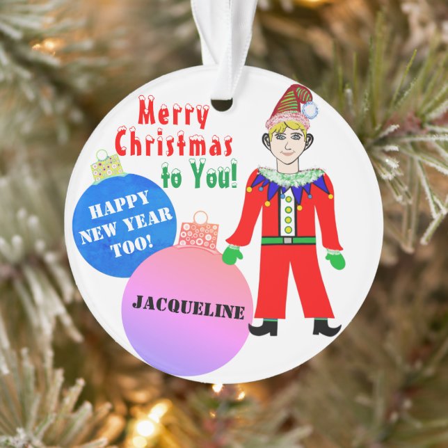 Boy Elf Christmas NAME Blue Pink Ornaments (Tree)