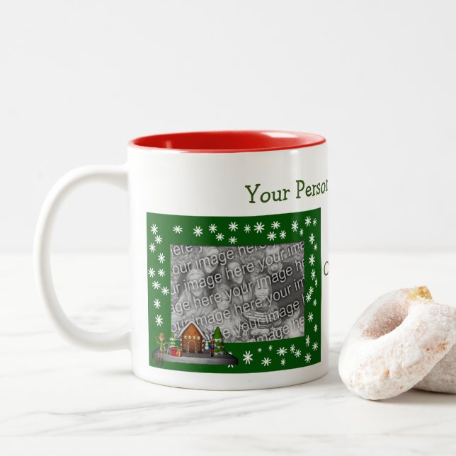 Boy Elf Christmas Village Holiday Photo   Two-Tone Coffee Mug (With Donut)