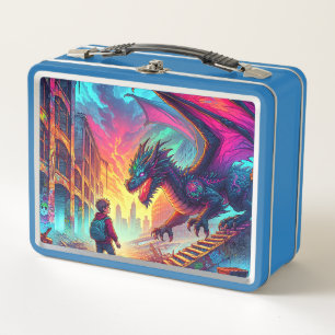 Boy Encounters a Dragon in a Dystopian World Metal Lunch Box