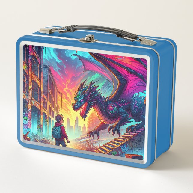 Boy Encounters a Dragon in a Dystopian World Metal Lunch Box (Front)