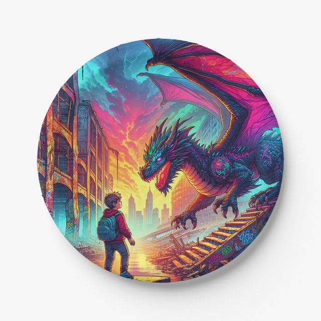 Boy Encounters a Dragon in a Dystopian World Paper Plate (Front)