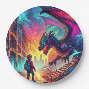 Boy Encounters a Dragon in a Dystopian World Paper Plate
