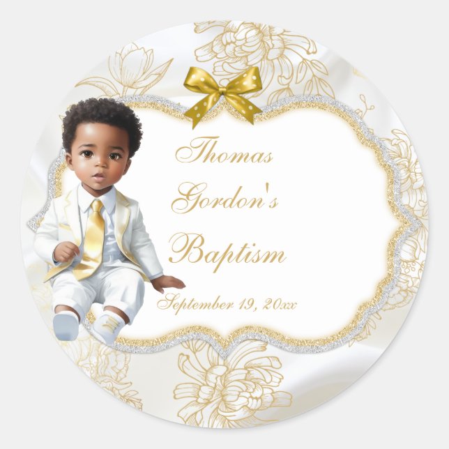Boy Ethnic Baptism Communion White & Gold Classic Round Sticker (Front)