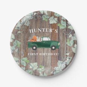 Boy Fall Birthday Green Truck and Pumpkins Paper Plate