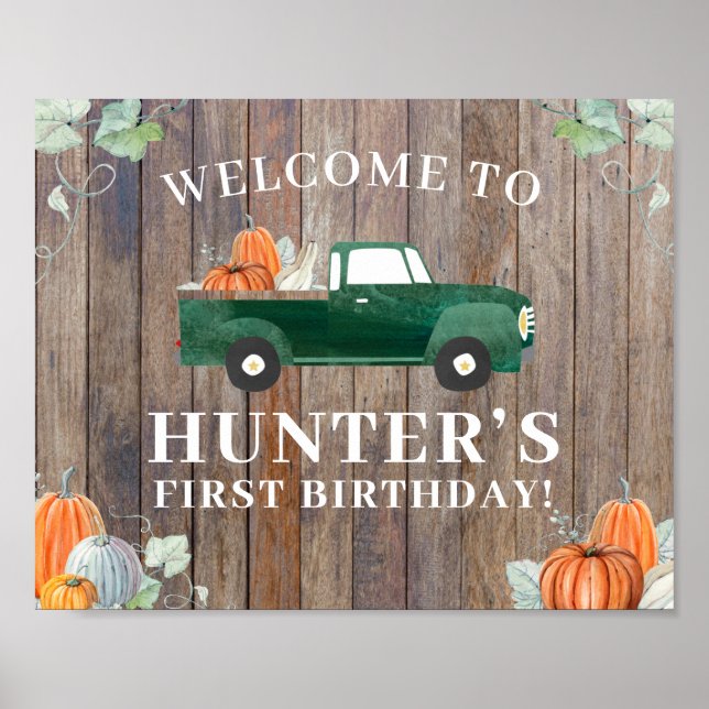 Boy Fall Birthday Green Truck and Pumpkins Welcome Poster (Front)