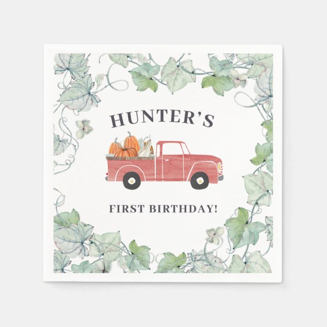 Boy Fall Birthday Red Truck and Pumpkins Napkin (Front)