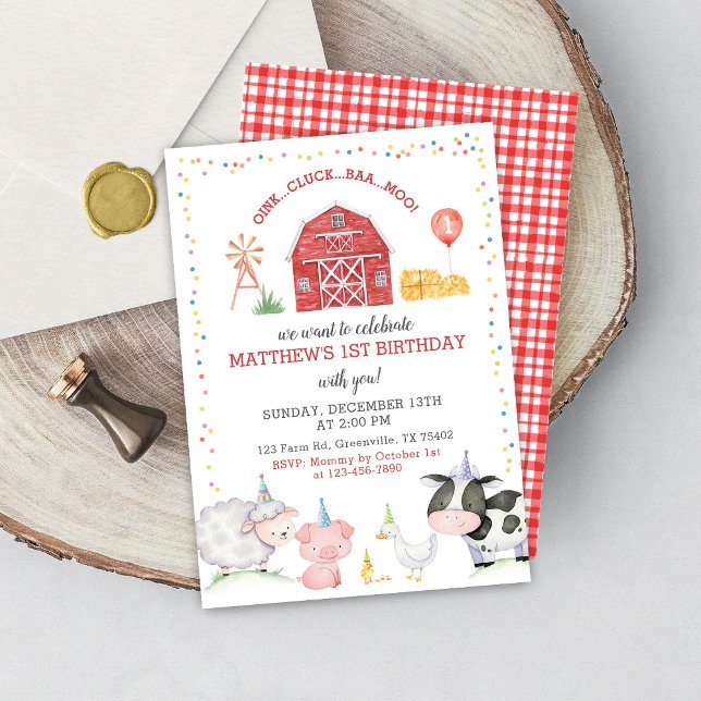 Boy Farm Animals Red Birthday Invitation (Créateur téléchargé)