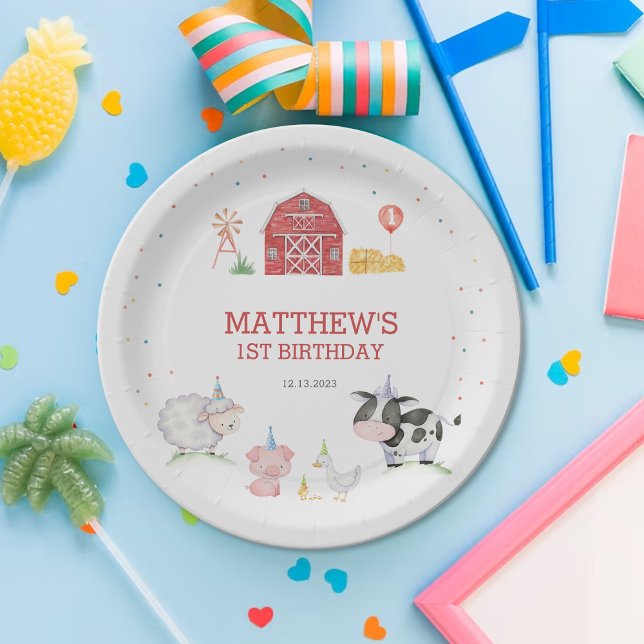 Boy Farm Animals Red Birthday  Paper Plate (Creator Uploaded)