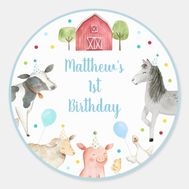 Boy Farm Barnyard Birthday Classic Round Sticker (Front)