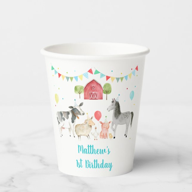 Boy Farm Barnyard Birthday Paper Cups (Front)