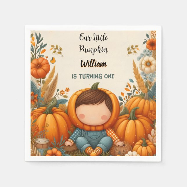 Boy Farm Kids Our Little Pumpkin Is Turning One Napkin (Front)