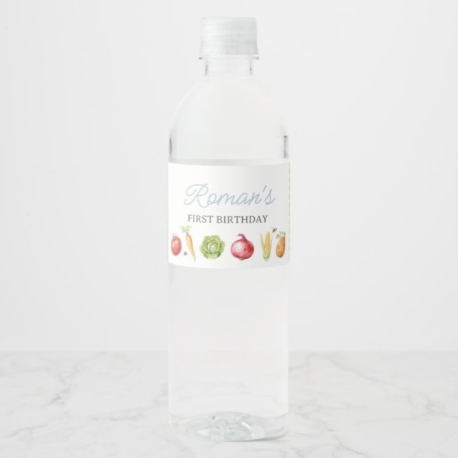 Boy Farmers Market Vegetable Stand Birthday Water Bottle Label (Front)