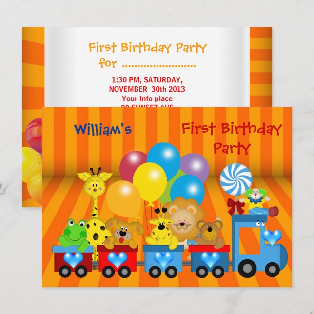 Boy First Birthday 1st Train Zoo Animals Party Invitation (Front/Back)