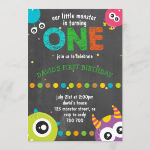 Boy First Birthday Chalkboard Monsters Cute Invitation