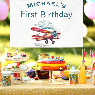Boy First Birthday Custom Name Airplane Aviator Banner