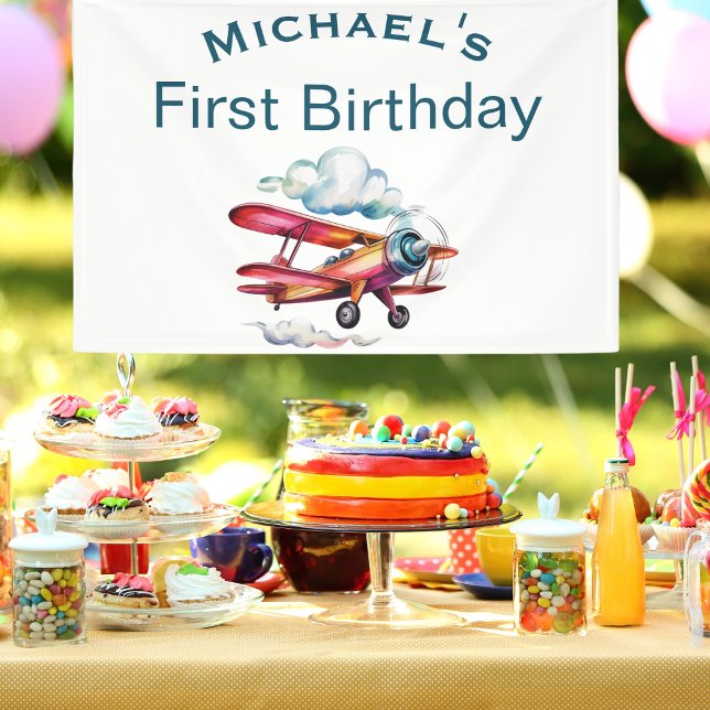 Boy First Birthday Custom Name Airplane Aviator Banner (Creator Uploaded)