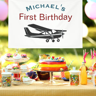 Boy First Birthday Custom Name Airplane Aviator Banner