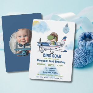 Boy First Birthday Dinosaur flies Airplane funny Invitation