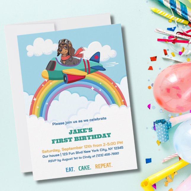 Boy First Birthday Dog Pilot Airplane Clouds Cute Invitation (Creator Uploaded)