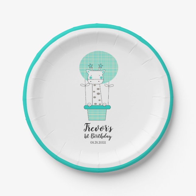 Boy First Birthday Giraffe Paper Plate (Front)