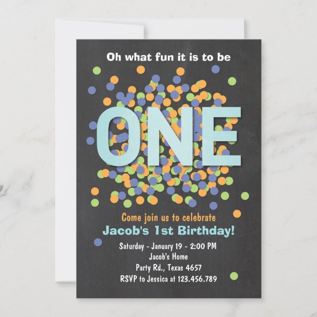 Boy First Birthday Invitation Confetti ONE blue (Devant)