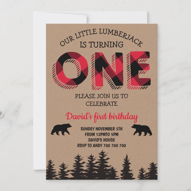 Boy First Birthday Lumberjack Red Flannel Party Invitation (Front)