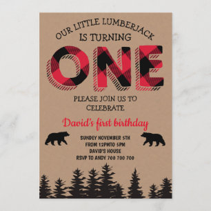 Boy First Birthday Lumberjack Red Flannel Party Invitation