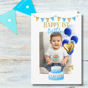 Boy First Birthday Photo Blue Gold Balloon Cute Card