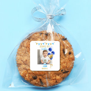 Boy First Birthday Photo Blue Gold Balloon Cute Square Sticker
