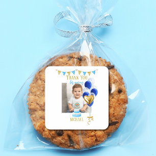 Boy First Birthday Photo Blue Gold Balloon Cute Square Sticker