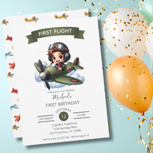 Boy First Birthday Pilot Vintage Airplane Clouds Invitation