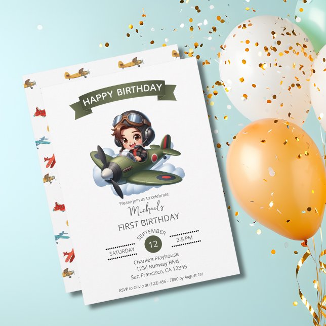 Boy First Birthday Pilot Vintage Airplane Clouds Invitation (Creator Uploaded)