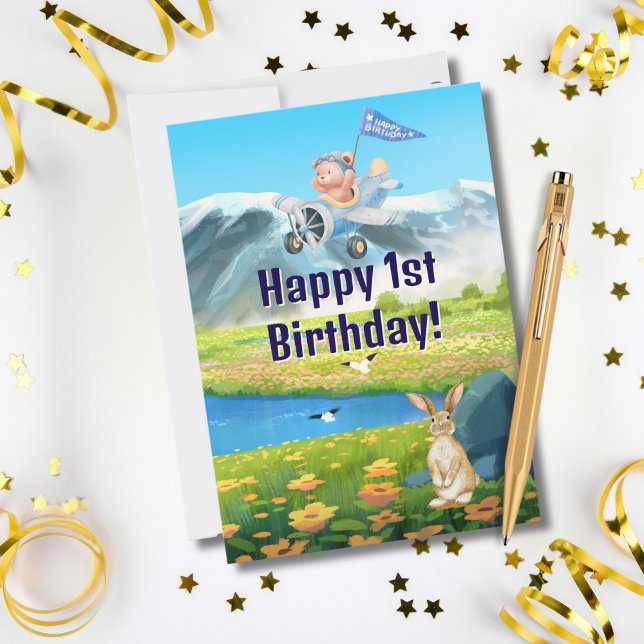 Boy First Birthday Teddy Bear Airplane Mountains Holiday Card (Creator Uploaded)