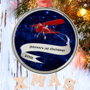 Boy First Christmas Airplane Santa Claus Aviation Metal Ornament